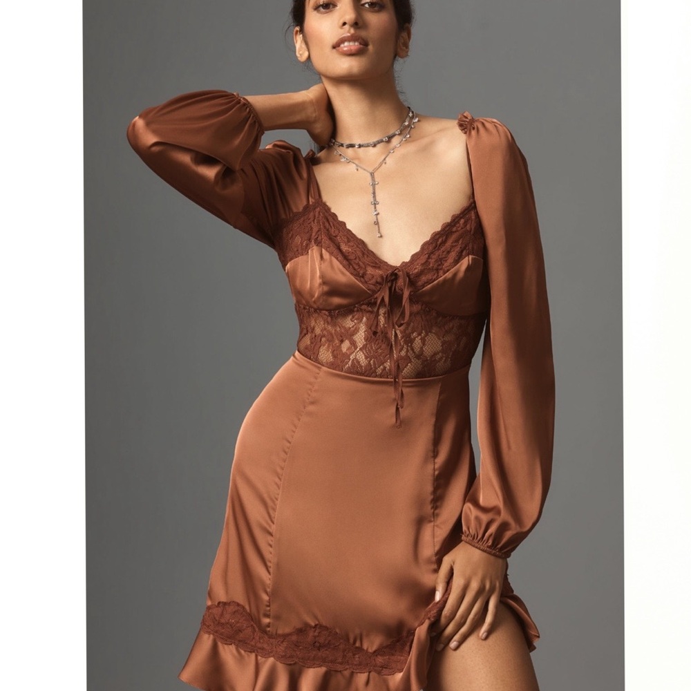 Anthropologie Copper Satin Lace Mini Dress